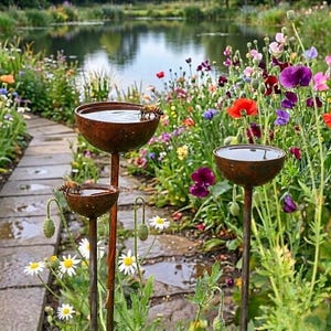Può includere: Tre abbeveratoi per uccelli in metallo arrugginito di diverse altezze sono posizionati su un sentiero del giardino, pieni d'acqua. Le api bevono dall'acqua. Il giardino è pieno di fiori colorati, con uno stagno sullo sfondo.
