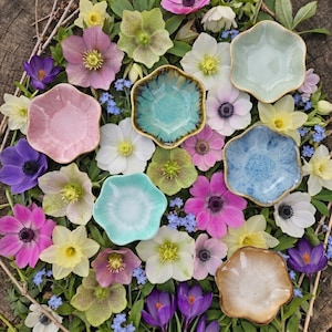 Könnte beinhalten: Sechs kleine, sechseckige Keramikschalen in verschiedenen Farben, darunter Rosa, Blau und Beige, sind inmitten eines Bettes aus bunten Blumen angeordnet. Die Blumen umfassen lila Krokusse, weiße Anemonen und gelbe Narzissen, wodurch eine lebendige, natürliche Darstellung entsteht.