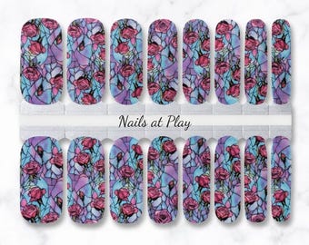Nail Wraps | Stained Glass Roses | Purple Blue Pink | Vintage Floral Nail Strips | Nails at Play
