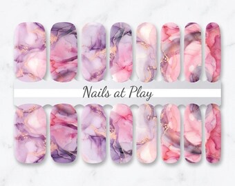 Nail Wraps | Pink Purple Watercolor Marble | Rose Gold Vein | Luxury Nail Strips | Nails at Play