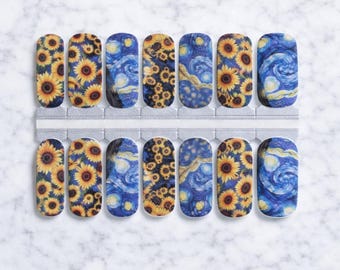 Nail Wraps | Starry Night Sunflowers | Van Gogh Art | Blue Yellow Nail Strips | Nails at Play