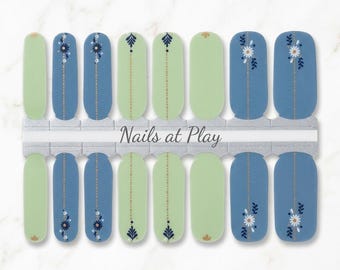 Nail Wraps | Floral Vine & Gold Line | Sage Green n Dusty Blue | Elegant Nail Strips | Nails at Play