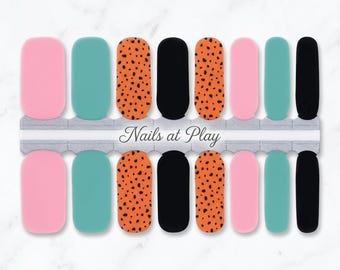 Nail Wraps | Pink Teal Orange Dalmatian | Bold Color Block | Fun Nail Strips | Nails at Play