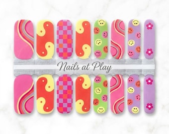 Nail Wraps | Groovy Retro Mix | Yin Yang Checkered Smiley Face | 70s Y2K Nail Strips | Nails at Play