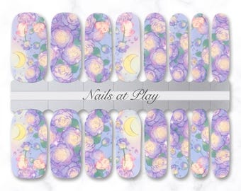 Nail Wraps | Kawaii Moon Roses | Lavender Floral Fantasy | Dreamy Nail Strips | Nails at Play