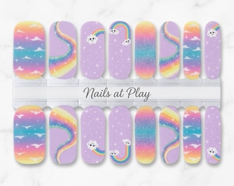 Nail Wraps | Rainbow & Clouds | Pastel Glitter Sky | Dreamy Kawaii Nail Strips | Nails at Play