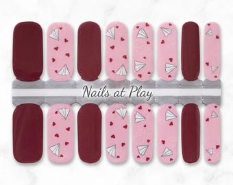 Nail Wraps | Paper Planes & Hearts | Pink n  Burgundy | Valentine's | Romantic Nail Strips | Nails at Play