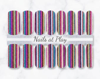 Nail Wraps | Rainbow Glitter Stripes | Multicolor Sparkle | Bold Nail Strips | Nails at Play
