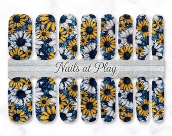 Nail Wraps | Sunflower & Daisy Botanical | Navy Blue n Gold | Floral Nail Strips | Nails at Play