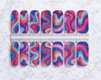 Nail Wraps | Glitter Wave Swirl | Purple Pink Blue | Retro Nail Strips | Nails at Play