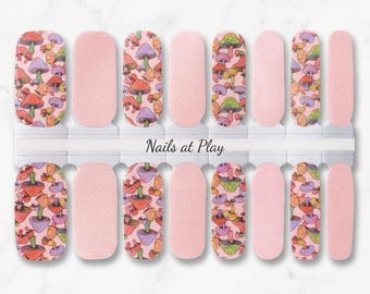 Nail Wraps | Colorful Mushroom & Pink Shimmer | Cottagecore Boho | Nail Strips | Nails at Play