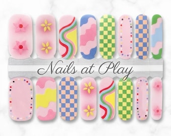 Nail Wraps | Maximalist Mix | Checkered Daisy Rainbow | Pink Nail Strips | Nails at Play