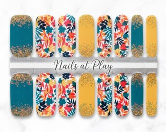 Nail Wraps | Fall Botanical Glitter Mix | Teal Mustard & Coral | Autumn Leaf Nail Strips | Nails at Play