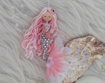 Mermaid fairy doll, flower fairy doll, handmade mermaid doll, pink mermaid, mermaid ornament, Christmas mermaid, mini mermaid