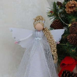 8'' White Silver Angel Tree Topper, White Christmas Angel, Lace Angel Doll, Handmade Christmas Doll image 1