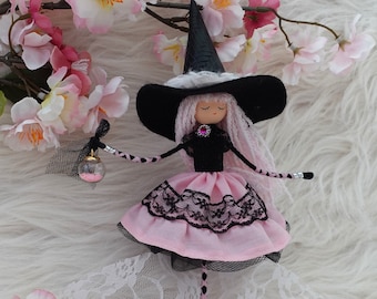 Black and Pink Witch Doll, Halloween Witch Doll, Christmas Witch Decoration, Custom Pink Witch Doll, Kitchen Witch Doll