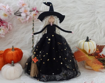 8'' Black Witch Doll Tree Topper, Handmade Halloween Witch, Handmade Kitchen Witch, Christmas Witch Decoration, Halloween Witch Doll