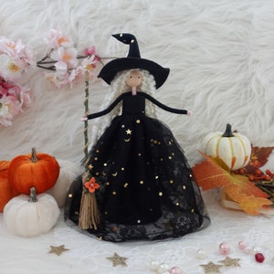 8'' Black Witch Doll Tree Topper, Handmade Halloween Witch, Handmade Kitchen Witch, Christmas Witch Decoration, Halloween Witch Doll