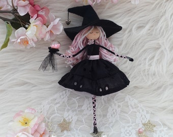 Black and Pink Witch Doll, Halloween Witch Doll, Christmas Witch Decoration, Custom Pink Witch Doll, Kitchen Witch Doll