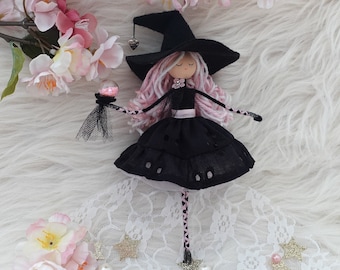 Black and Pink Witch Doll, Halloween Witch Doll, Christmas Witch Decoration, Custom Pink Witch Doll, Kitchen Witch Doll