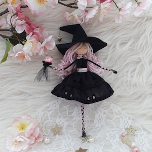Black and Pink Witch Doll, Halloween Witch Doll, Christmas Witch Decoration, Custom Pink Witch Doll, Kitchen Witch Doll