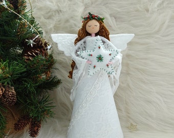 10 '' Angel Tree Topper, White Christmas Angel, Lace Angel Doll, Angel Tree Ornament, Handmade Christmas Doll, Angel Ornament, White Angel