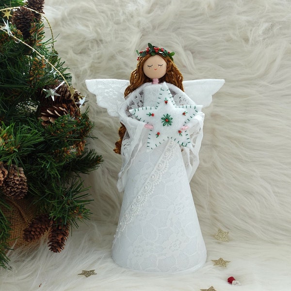 10 '' Angel Tree Topper, White Christmas Angel, Lace Angel Doll, Angel Tree Ornament, Handmade Christmas Doll, Angel Ornament, White Angel