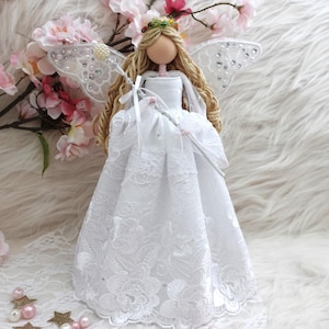 10&#39;&#39; White angel tree topper, Christmas tree topper, Angel tree topper, Christmas angel doll, White lace angel doll, Fairy Tree Topper