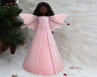 8'' African American Angel Tree Topper, White Christmas Angel, Felt Angel Doll, Angel Tree Ornament, Handmade Christmas Doll