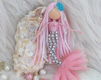Handmade Pink Mermaid Doll: Fairy Ornament, Beach Decor