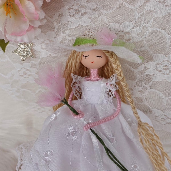 White Dress Doll, Handmade Doll, Fashionista Doll, Birthday Doll, Doll with White Hat, Custom Girl Doll