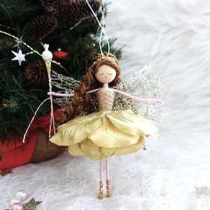 Gold Flower Fairy Doll, Christmas fairy doll, Handmade Fairy Doll, Christmas Fairy Tree Ornament,  Fairy Godmother Doll