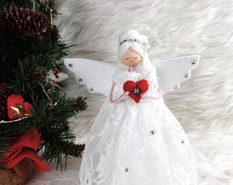 8'' White Lace Angel Tree Topper, Christmas Angel Doll, White Christmas Angel, Lace Angel Doll, Handmade Christmas Doll