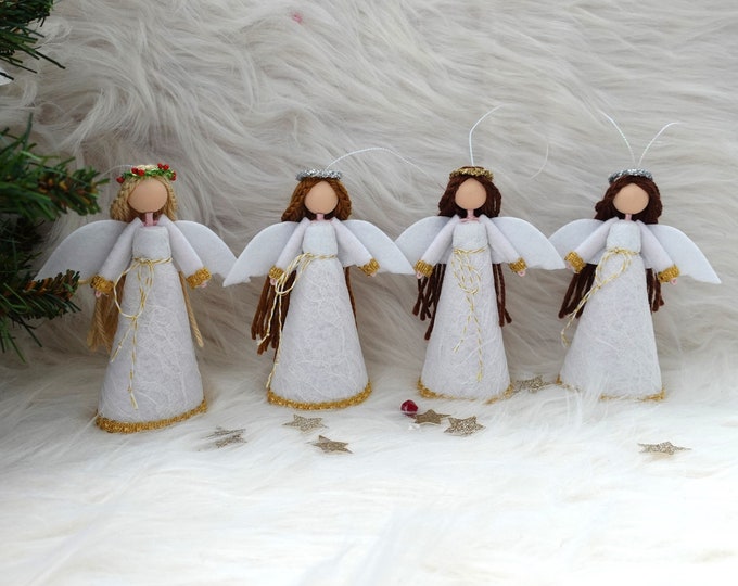 Mini Angel Tree Topper, White Christmas Angel, Felt Angel Doll, Angel