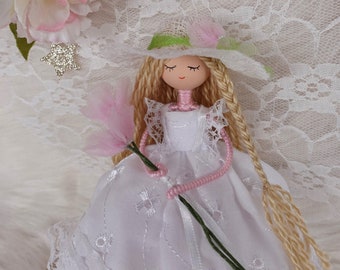 White Dress Doll, Handmade Doll, Fashionista Doll, Birthday Doll, Doll with White Hat, Custom Girl Doll
