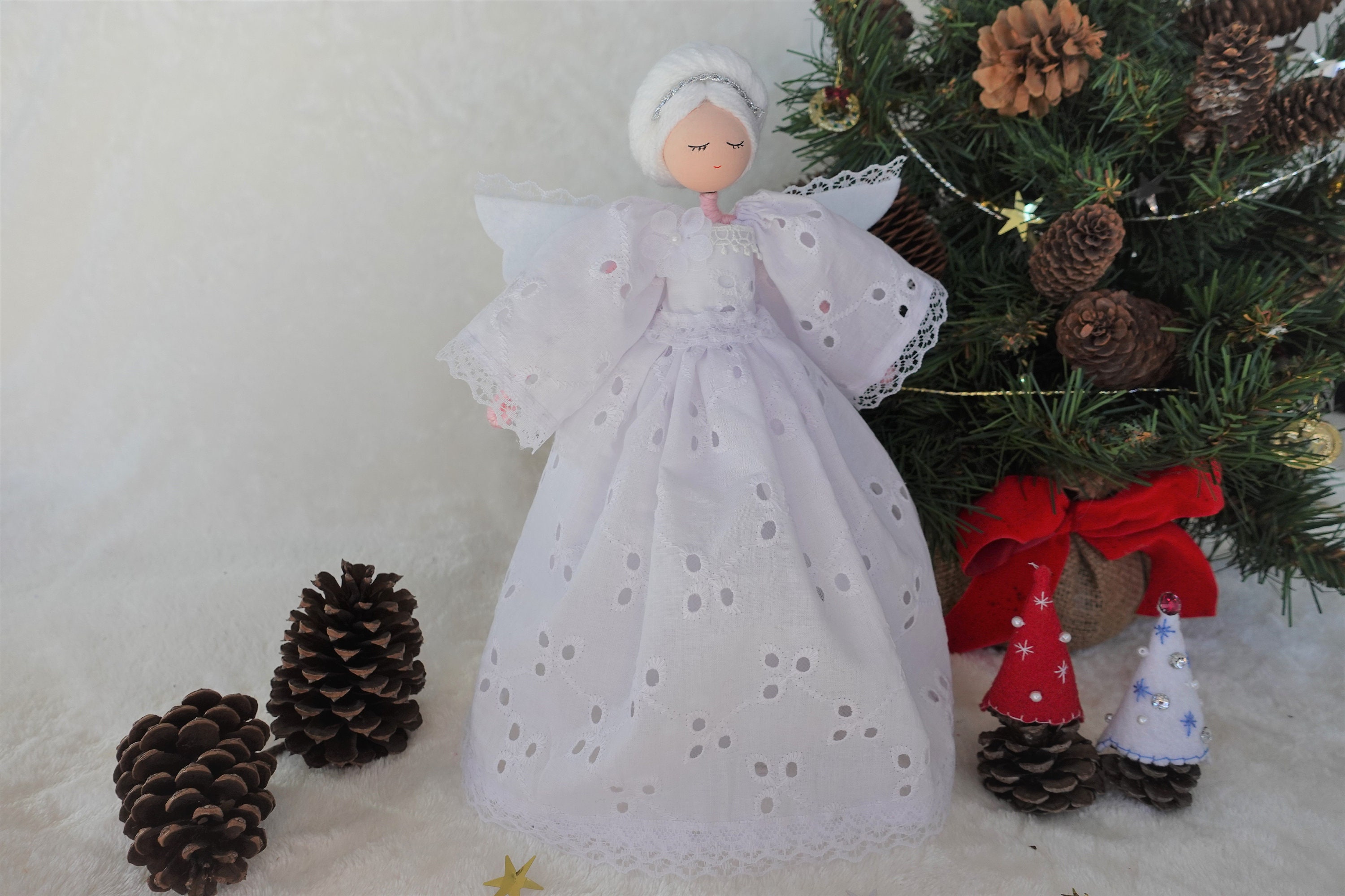 10'' White angel tree topper, Christmas tree topper, Angel tree topper,  Christmas angel doll, White lace angel doll