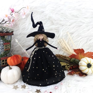 8'' Black Witch Doll Tree Topper, Handmade Halloween Witch, Handmade Kitchen Witch, Christmas Witch Decoration, Halloween Witch Doll