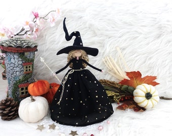 8'' Black Witch Doll Tree Topper, Handmade Halloween Witch, Handmade Kitchen Witch, Christmas Witch Decoration, Halloween Witch Doll