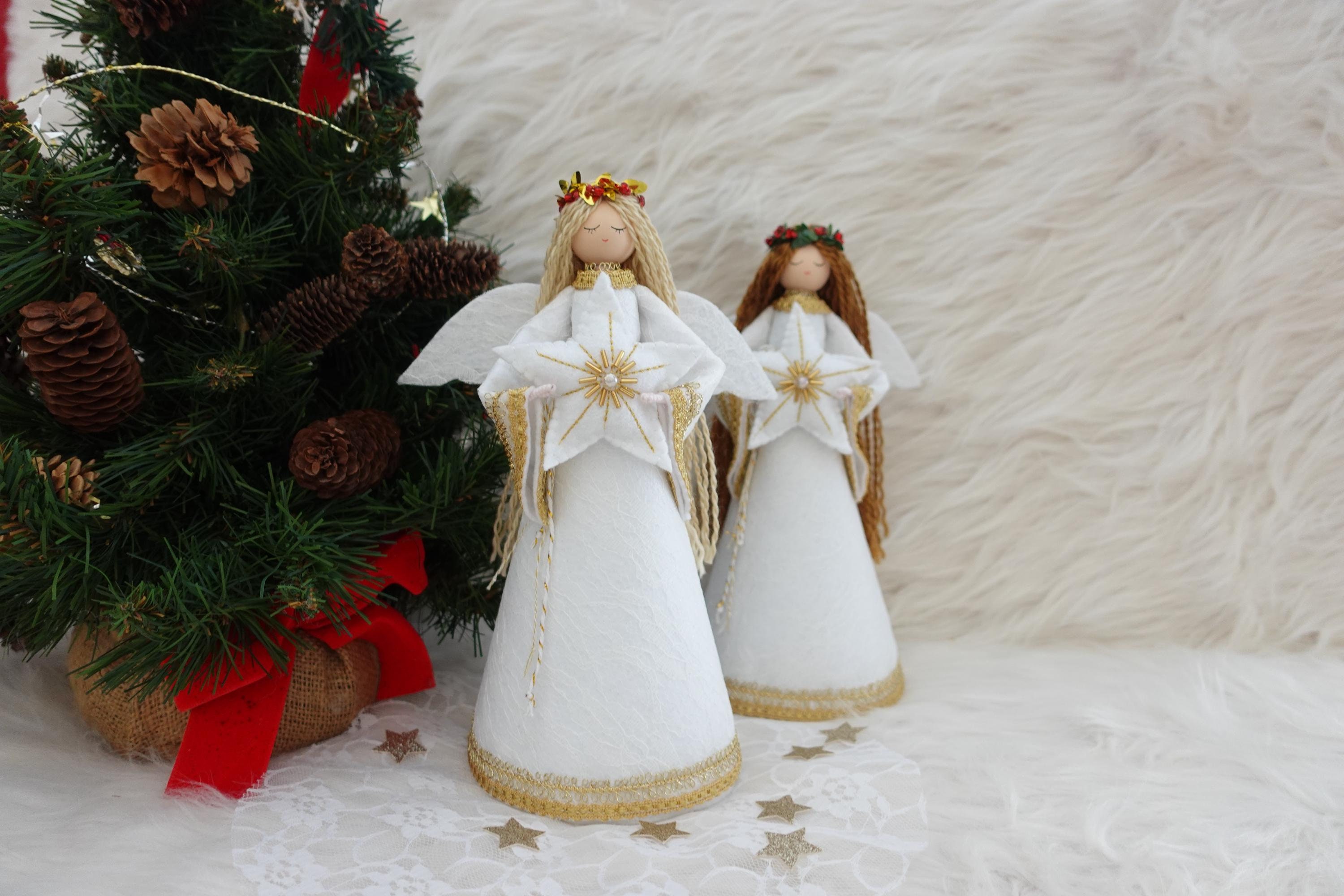 White Fabric Angel Tree Topper – Lighted, 10 Warm White Lights, Shabby Chic Christmas Decor - View #2