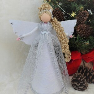 8'' White Silver Angel Tree Topper, White Christmas Angel, Lace Angel Doll, Handmade Christmas Doll image 2