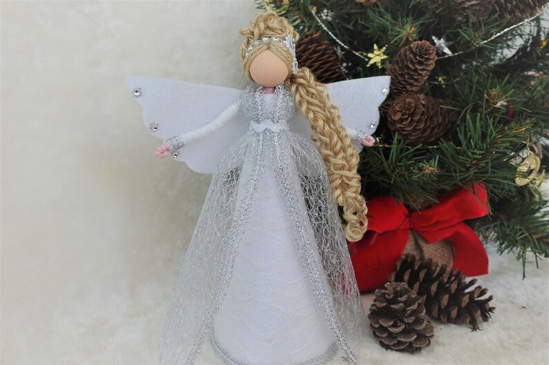 8'' White Silver Angel Tree Topper, White Christmas Angel, Lace Angel Doll, Handmade Christmas Doll image 2