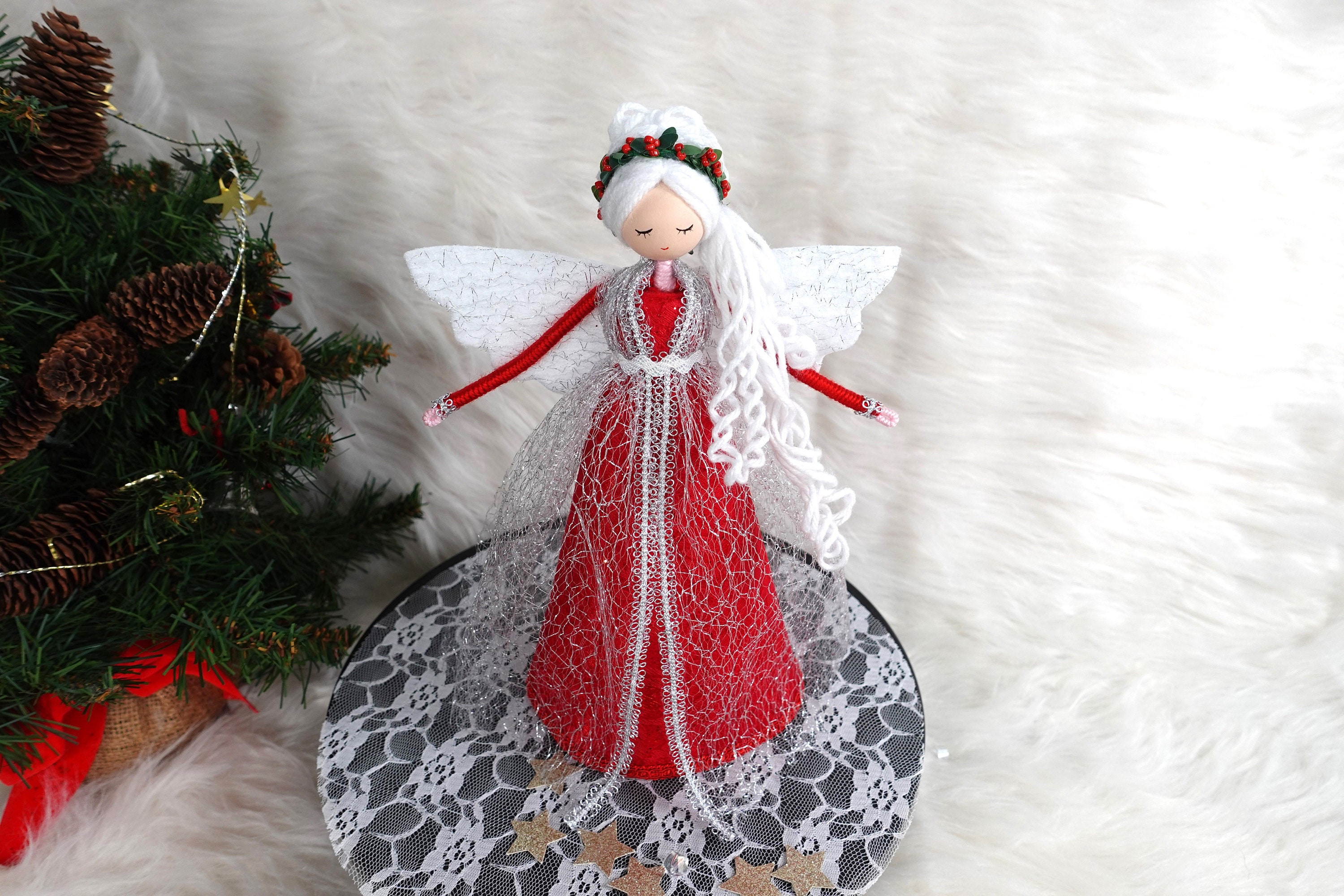 10'' Angel Tree Topper Red White Christmas Angel Etsy