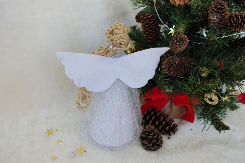 8'' White Silver Angel Tree Topper, White Christmas Angel, Lace Angel Doll, Handmade Christmas Doll image 7