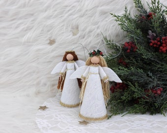 5'' Angel Tree Topper, White Lace Dress Fairy Doll, Handmade Christmas Angel Tree Topper