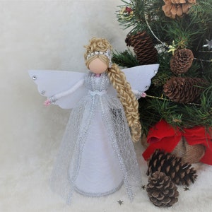 8'' White Silver Angel Tree Topper, White Christmas Angel, Lace Angel Doll, Handmade Christmas Doll image 6