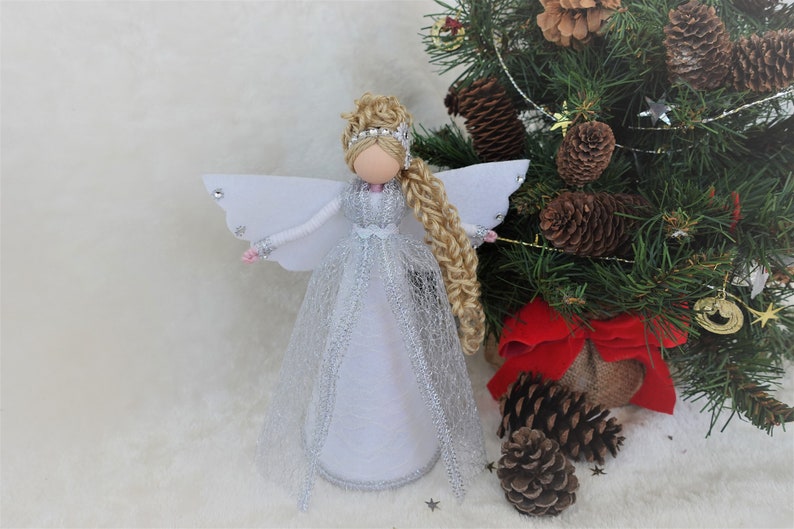 8'' White Silver Angel Tree Topper, White Christmas Angel, Lace Angel Doll, Handmade Christmas Doll image 6