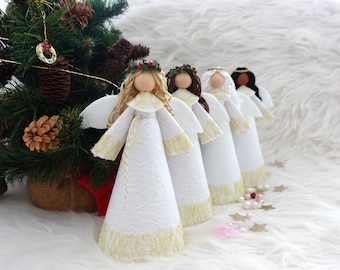8'' Angel Tree Topper, White Christmas Angel, Felt Angel Doll, Handmade Christmas Doll, Angel Ornament, White Gold Angel
