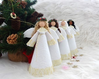 8'' Angel Tree Topper, White Christmas Angel, Felt Angel Doll, Handmade Christmas Doll, Angel Ornament, White Gold Angel