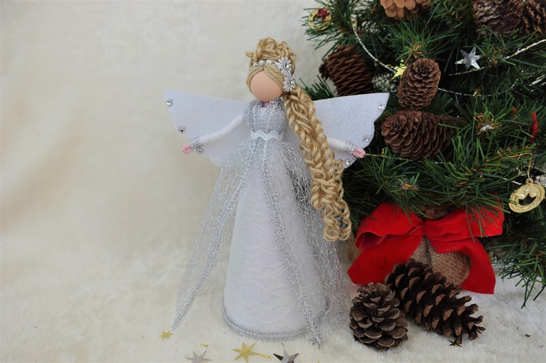 8'' White Silver Angel Tree Topper, White Christmas Angel, Lace Angel Doll, Handmade Christmas Doll image 3