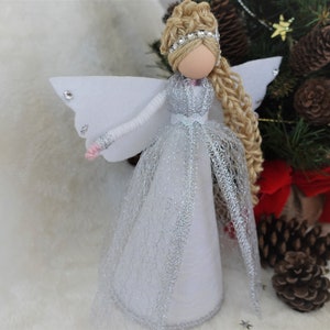 8'' White Silver Angel Tree Topper, White Christmas Angel, Lace Angel Doll, Handmade Christmas Doll image 5